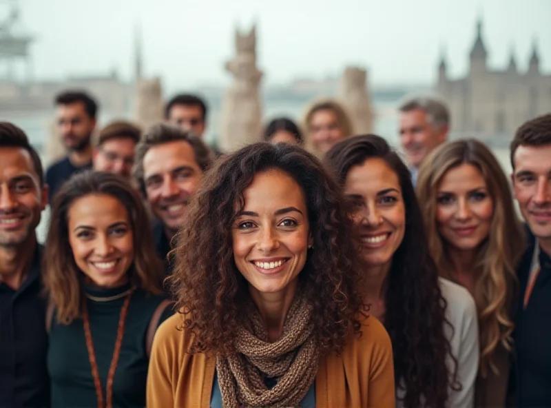 A diverse group of people from various countries standing together representing the European Union.