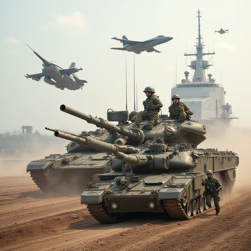 Military equipment and soldiers, symbolizing increased defense spending
