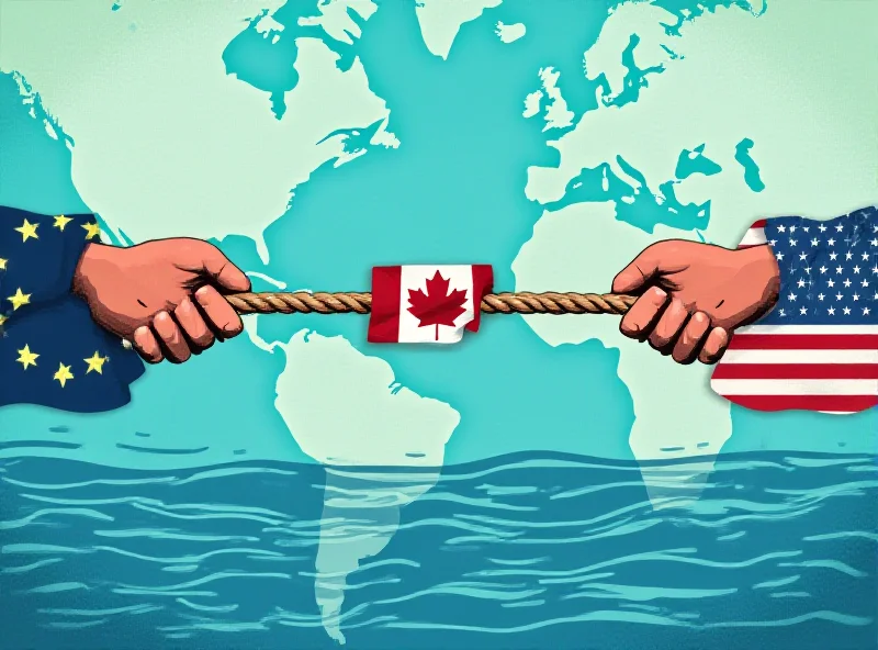 Illustration of trade war tensions with flags of the EU, USA, Canada, and Mexico.