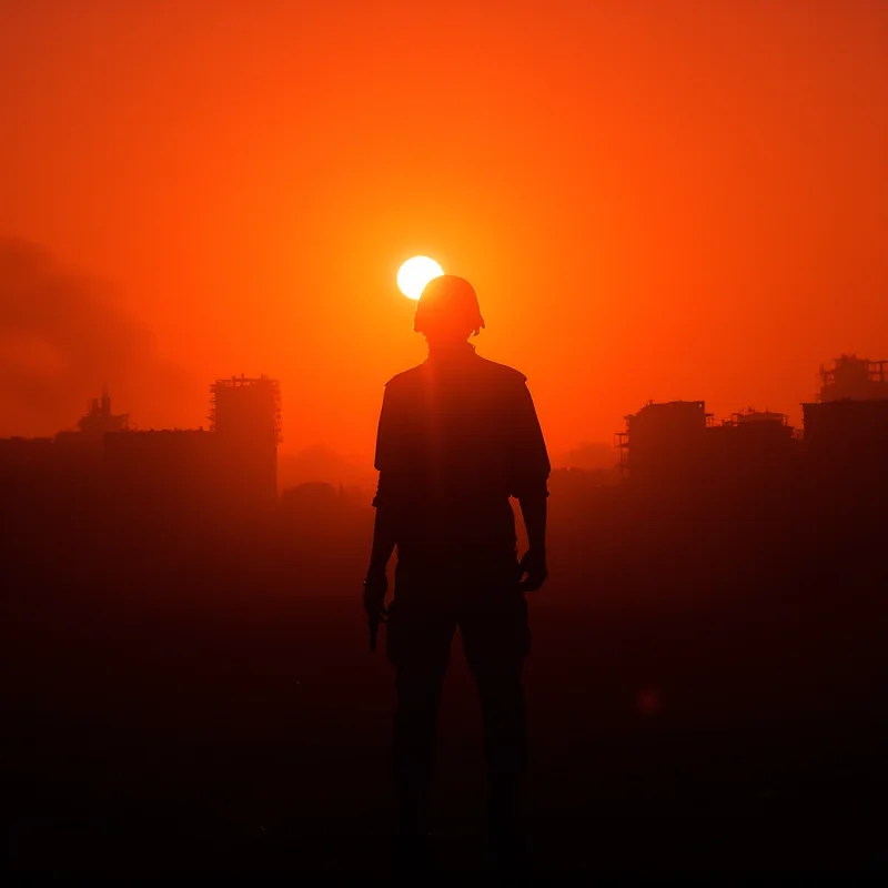 Silhouette of a soldier against a backdrop of a war-torn Syrian city at sunset.