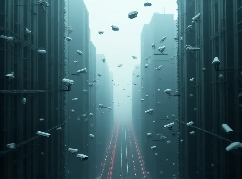 A cityscape with numerous CCTV cameras visible, representing the concept of algorithmic video surveillance.
