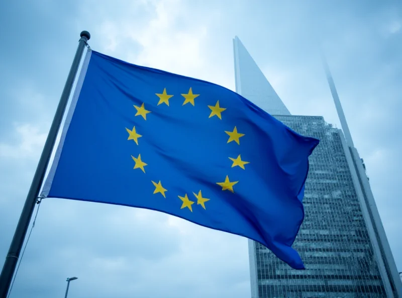 EU flag waving in front of the European Parliament building in Brussels.