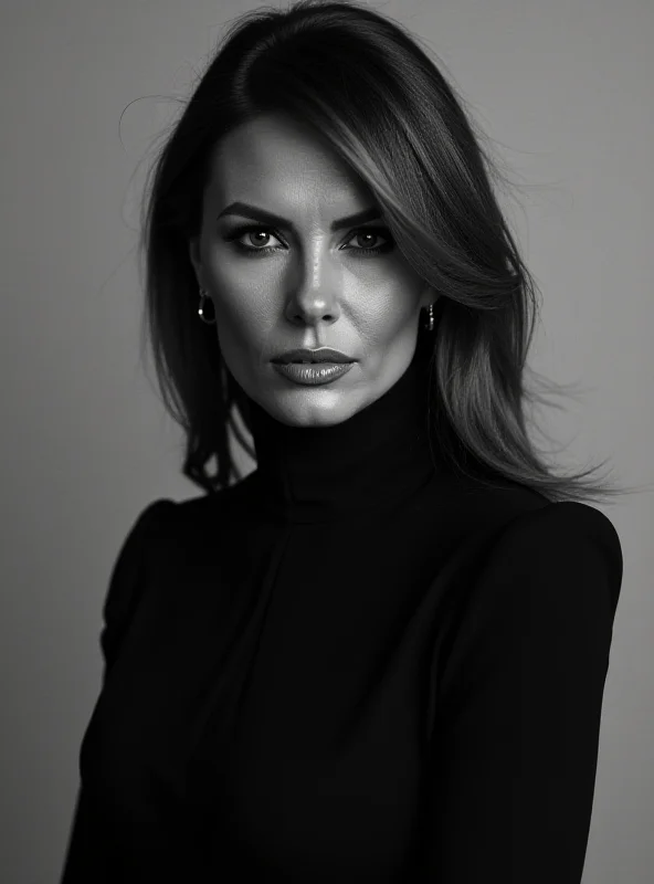 A black and white portrait of Melania Trump.