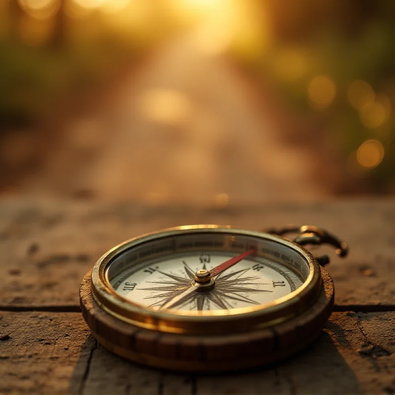 A close-up of a compass pointing towards a crossroads, with blurred background.