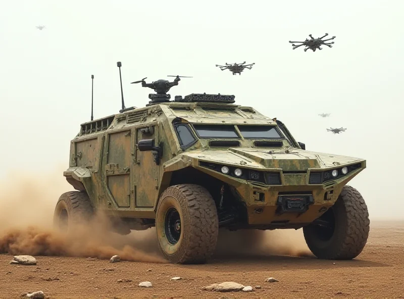 Illustration of armored vehicle with external grille facing bomb quadcopters.