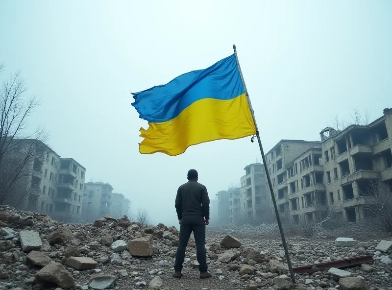 Ukrainian flag waving in Mariupol against a backdrop of damaged buildings