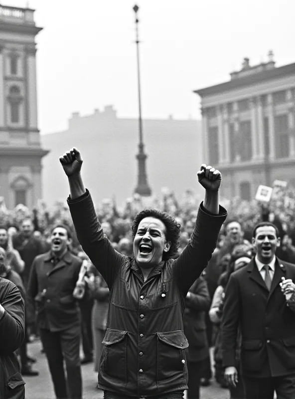A black and white photo of people celebrating VE day in a town square