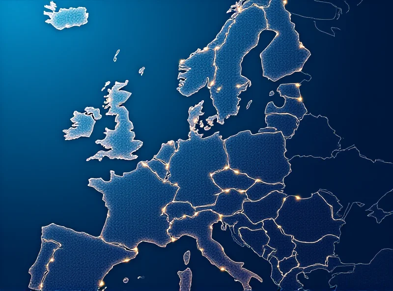 A stylized graphic showing a map of Europe with interconnected lines representing economic and political connections