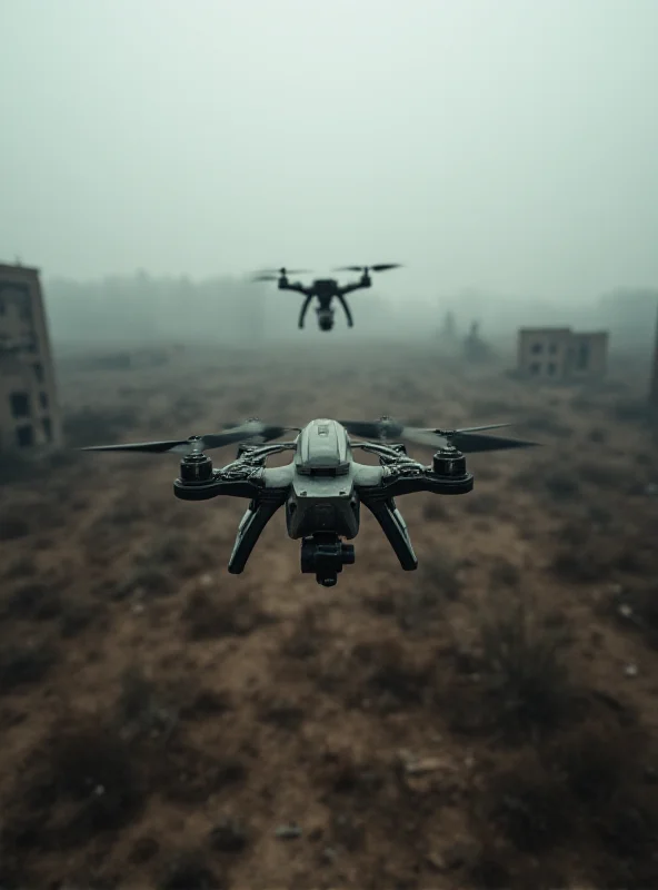 Drone flying over a war-torn landscape, aerial view