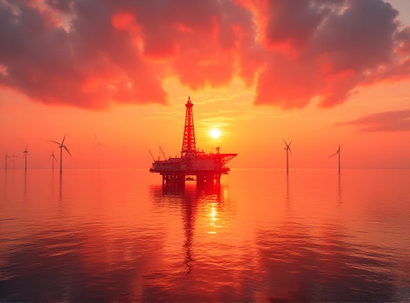 Offshore oil rig at sunset in the North Sea, with wind turbines in the background