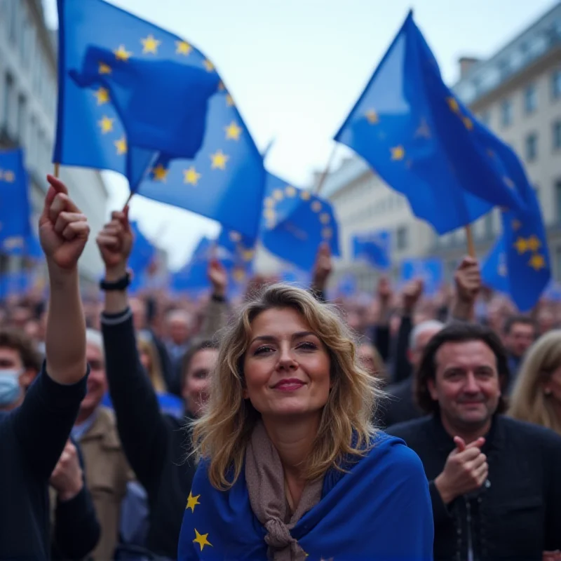 Crowd of people holding European Union flags, symbolizing unity and support for Europe.