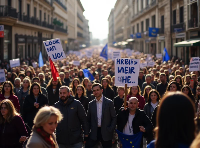 A crowd of people marching in a pro-Europe demonstration in Milan.