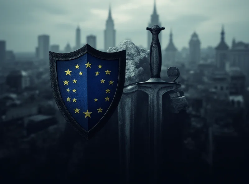 A stylized image representing Europe with a shield and sword, symbolizing defense.