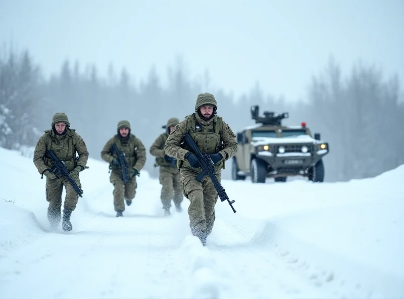 European soldiers participating in a military exercise in a snowy landscape.