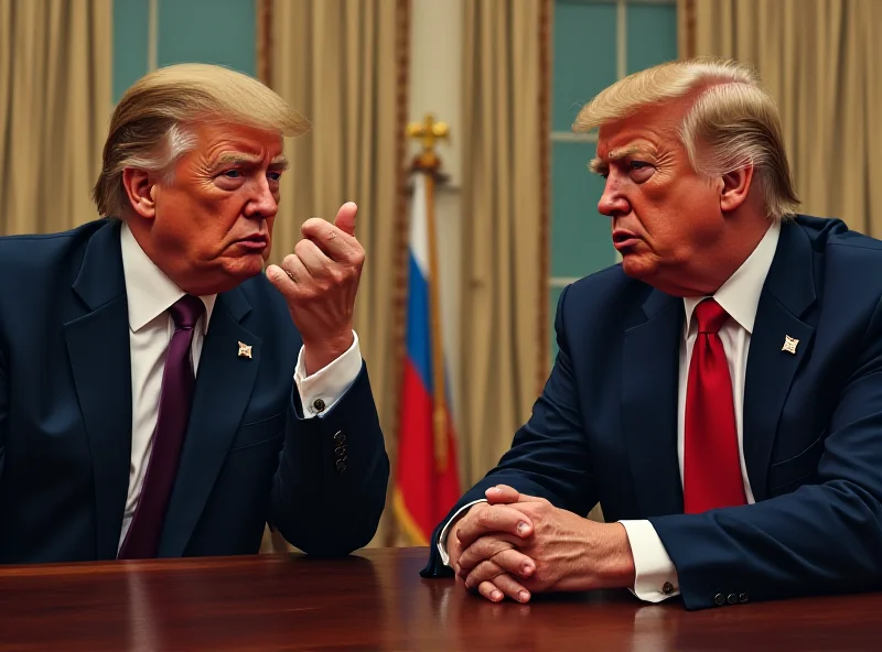 Digital art depicting Donald Trump and Volodymyr Zelenskyy in a tense Oval Office meeting, with a subtle Russian flag in the background.