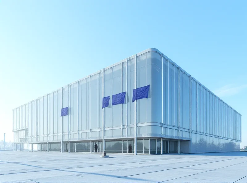 Architectural rendering of a modern, futuristic military headquarters building in Brussels, Belgium, with EU flags displayed prominently.