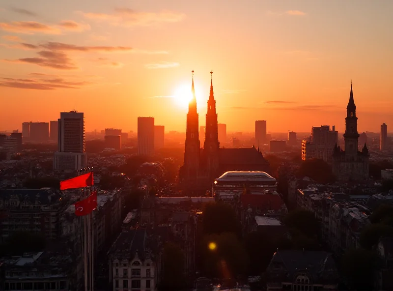 A high-angle panoramic view of Brussels, Belgium, at sunset, with the European Union flags waving in the foreground.