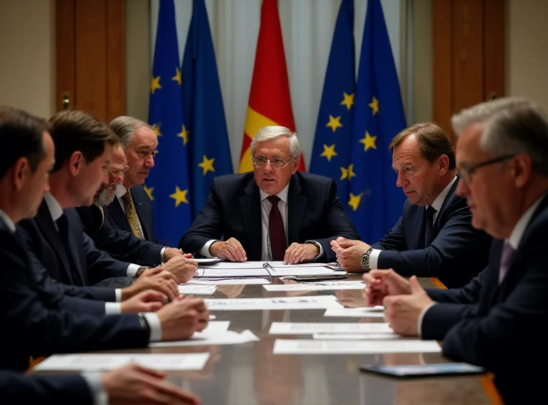 A group of European Union leaders sitting around a table in a conference room, deeply engaged in a discussion about defense strategy. The atmosphere is serious and focused.