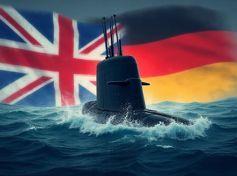 Illustration of a nuclear submarine emerging from the water, with the flags of the UK and Germany superimposed in the background.