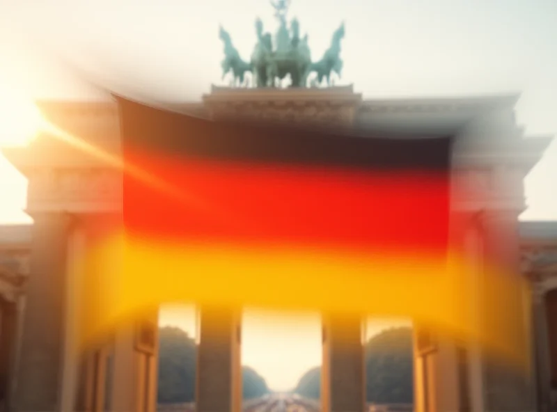 Illustration of the German flag waving in the wind, with a blurred background showing the Brandenburg Gate in Berlin.