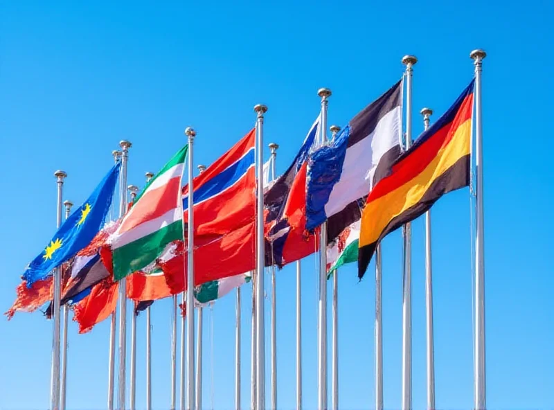 Flags of European nations waving in the wind