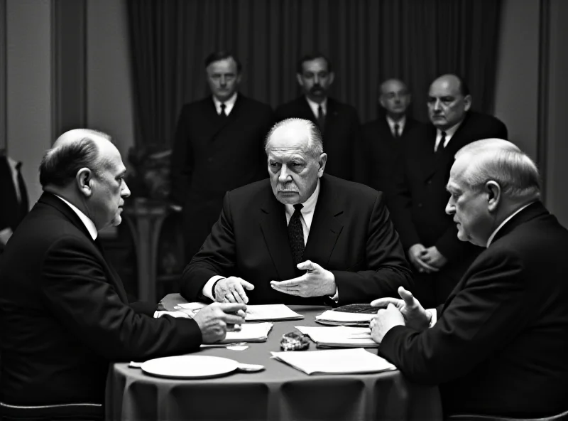 Black and white photograph of the Yalta Conference featuring Roosevelt, Churchill, and Stalin seated at a table.