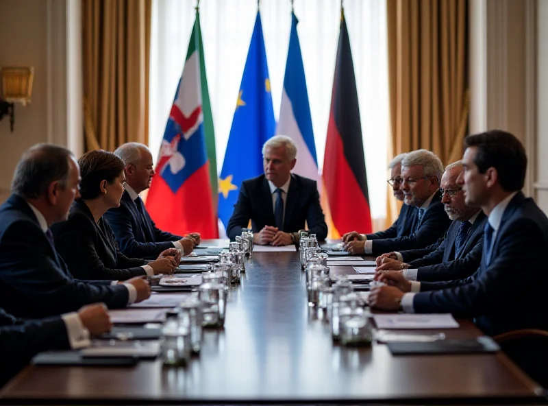 A modern meeting of European Union leaders at a summit, with flags of member states in the background.