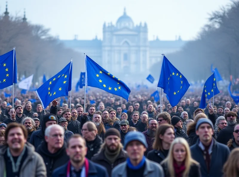 Crowd of people holding European Union flags at a rally in support of the EU.