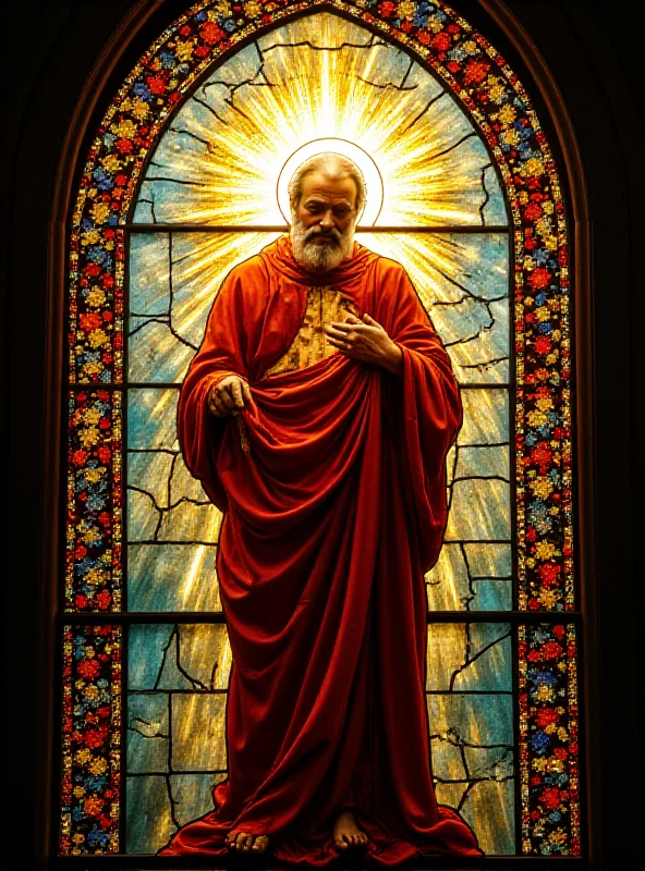 A stained glass window depicting a saintly figure, representing the beatification of victims of justice.