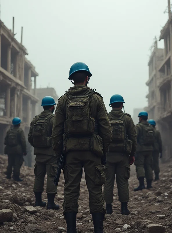 Peacekeeping troops in blue helmets standing guard in a war-torn landscape.