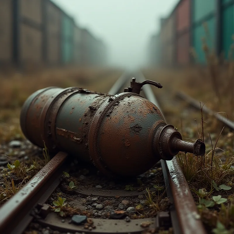 A rusty World War II bomb lying on train tracks in an urban environment.