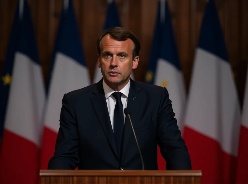 French President Emmanuel Macron giving a speech at a podium with French flags in the background