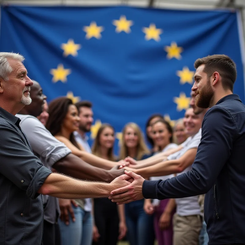 Diverse group of people holding hands in front of European Union flag