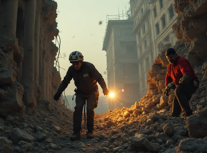 Illustration of an elderly woman being rescued from rubble, with rescuers shining lights.