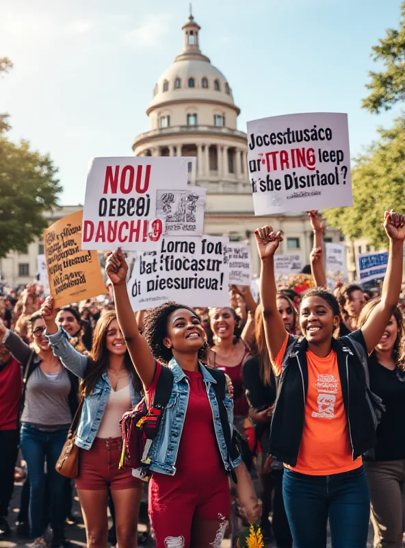 Illustration of protestors holding signs with disability rights slogans in Argentina.