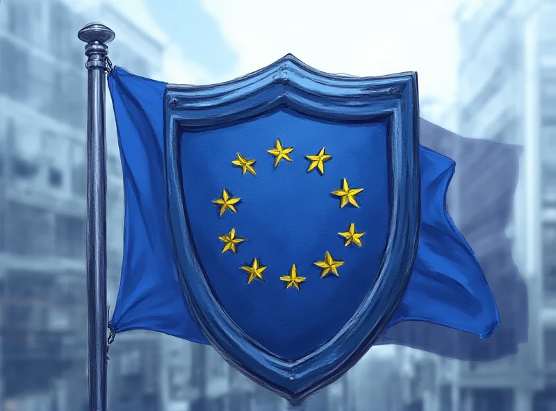 Illustration of a European Union flag with a shield in front of it, symbolizing European defense.