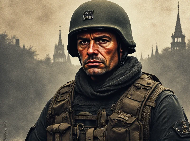 Illustration of a Russian soldier standing in front of a recruitment poster, with a sense of urgency and determination