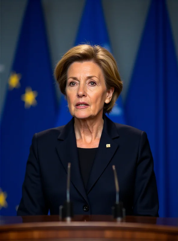 Ursula von der Leyen addressing a crowd, looking serious and determined, with the EU flag in the background
