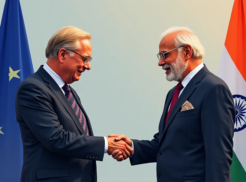 Ursula von der Leyen shaking hands with an Indian official, symbolizing the potential EU-India partnership.