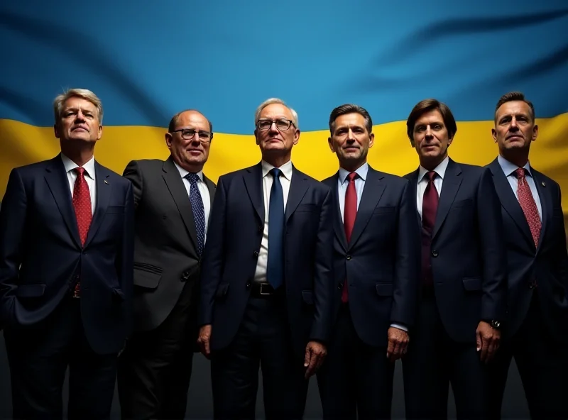 European leaders standing together in support of Ukraine, with Ukrainian flags visible in the background.