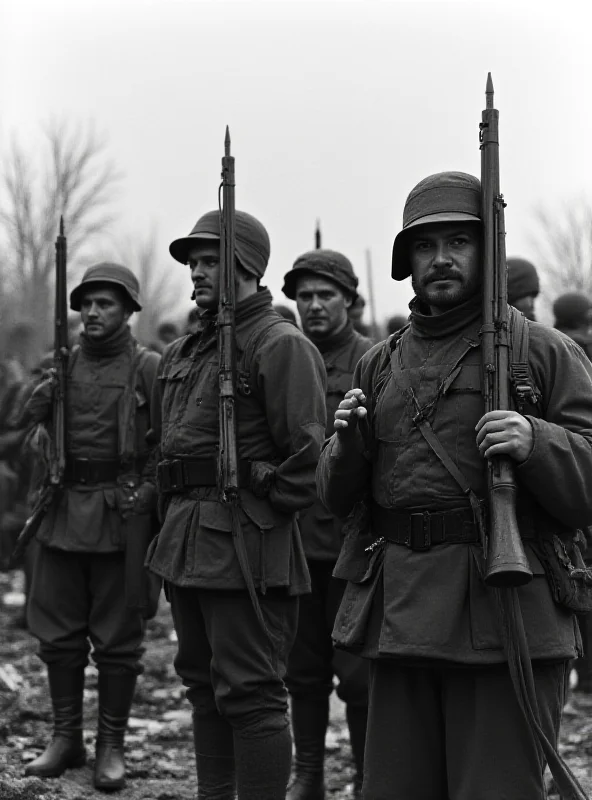 Black and white photo depicting soldiers during the Ukrainian Revolution of 1917-1921, with period-appropriate uniforms and weaponry.