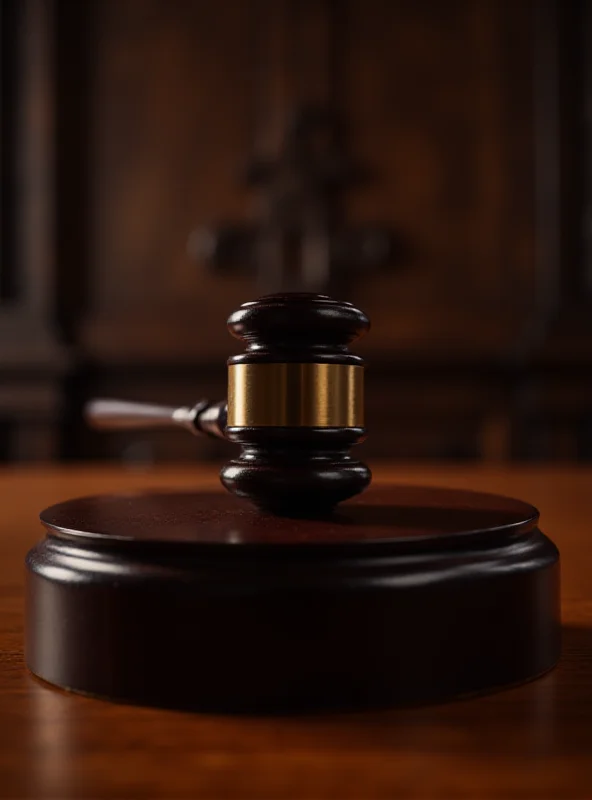 A gavel resting on a wooden block in a courtroom, symbolizing the start of the Hamas terrorism trial in Berlin.