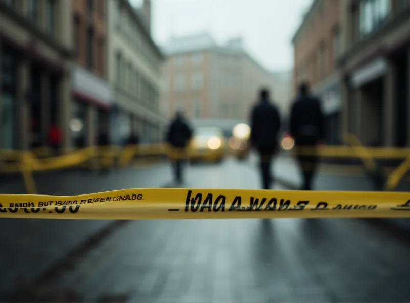 Police tape cordoning off the street in Mannheim where the car ramming incident occurred, with blurred figures of police officers in the background.