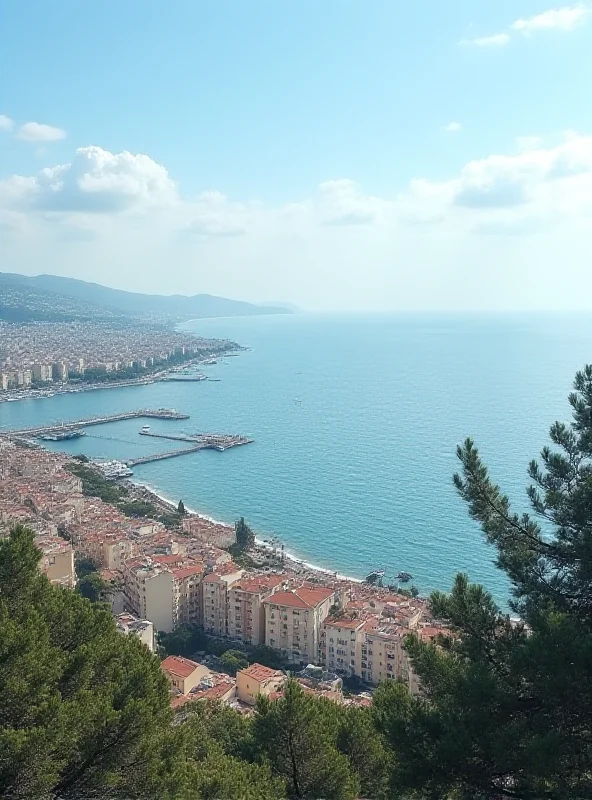 Panoramic view of Cannes, France, featuring the coastline, buildings, and the sea under a clear sky, but with subtle visual effects suggesting an impending tsunami, such as slightly raised water levels and distant dark clouds.