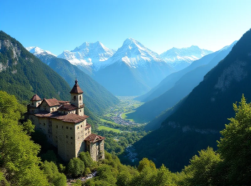 A breathtaking view of the Aosta Valley in the Italian Alps, showcasing snow-capped mountains, lush green valleys, historic castles perched on hillsides, and a clear blue sky, highlighting the region's natural beauty and historical landmarks.