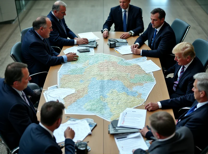 A tense meeting between European and American diplomats discussing the situation in Ukraine, with maps and documents spread across a table.