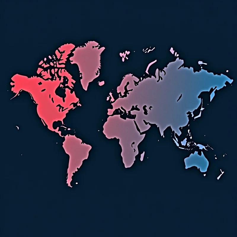 A divided world map with the United States highlighted in one color and Europe highlighted in another, symbolizing the growing ideological divergence between the two continents.