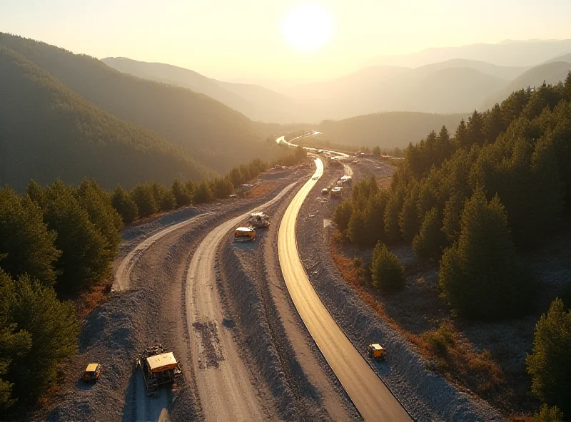 Aerial view of a highway construction site in a mountainous European landscape.