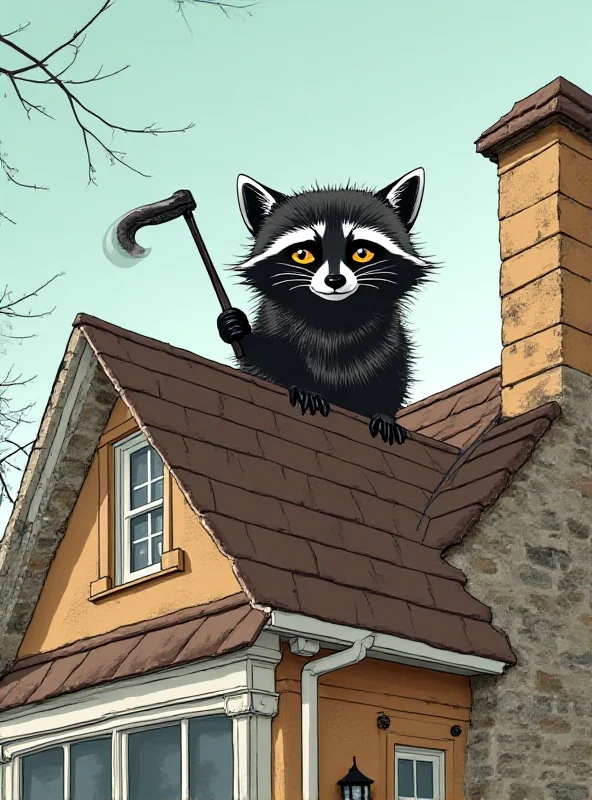 A humorous cartoon depiction of a raccoon wearing a bandit mask, standing on the roof of a house.