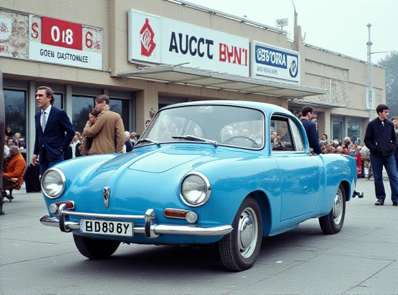 A classic, vintage photo of a blue Renault 16 parked in front of the Geneva Motor Show building in 1965.